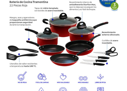 Batería de Cocina Tramontina Aluminio de Alta Gama 22 Piezas Roja