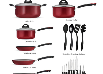 Batería de Cocina Tramontina Aluminio de Alta Gama 22 Piezas Roja