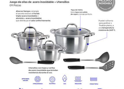 Juego de Ollas Acero y Utensilios 12 Piezas