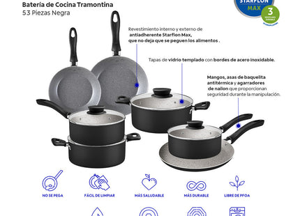 Batería de Cocina Tramontina Práctica Starflon Max 53 Piezas Negra