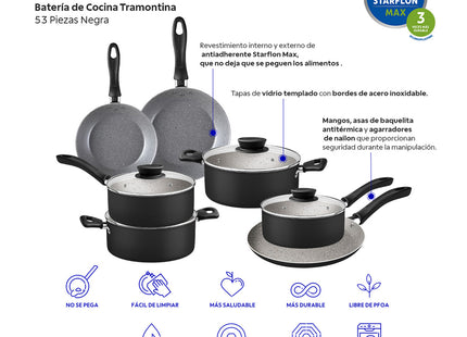 Batería de Cocina Tramontina Práctica Starflon Max 53 Piezas Negra