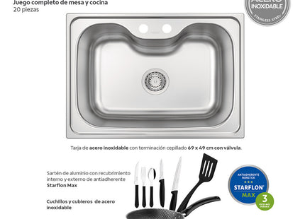 T-Kitchen Tarja Fregadero 68x48 sobreponer con accesorios y utensilios para cocina