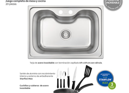 T-Kitchen Tarja Fregadero 68x48 sobreponer con accesorios y utensilios para cocina