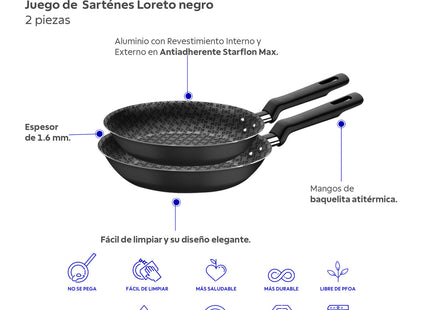 Juego de Sartenes Loreto Tramontina Aluminio 1.6 mm 2 Piezas Negro