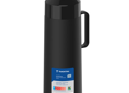 Termo Tramontina Exata en Plástico Negro con Ampolla de Vidrio y Tapa Roscable 1 L