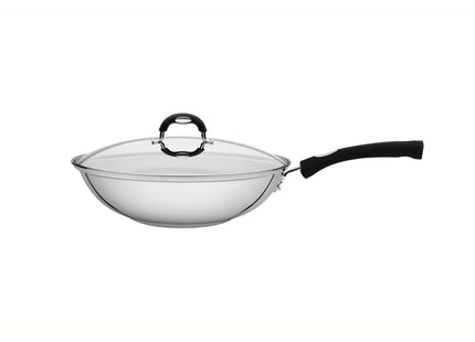 Wok Tramontina Astro Silicone de Acero Inoxidable con Fondo Triple y Tapa de Vidrio 28 cm 3.3 L
