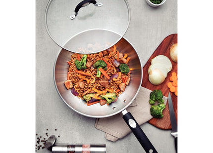 Wok Tramontina Astro Silicone de Acero Inoxidable con Fondo Triple y Tapa de Vidrio 28 cm 3.3 L