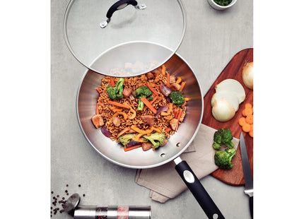 Wok Tramontina Astro Silicone de Acero Inoxidable con Fondo Triple y Tapa de Vidrio 28 cm 3.3 L