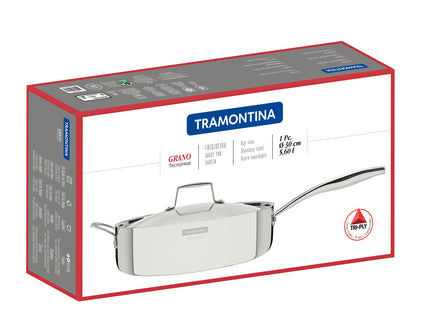 Sartén Tramontina Grano de acero inoxidable con cuerpo triple con tapa y mango 30 cm 5.6 L