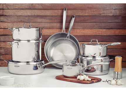 Sartén Tramontina Grano de acero inoxidable con cuerpo triple con tapa y mango 30 cm 5.6 L