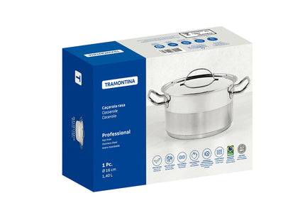 Cacerola Tramontina Professional rasa de acero inoxidable fondo triple con tapa plana detalle satinado 16 cm 1.4 L