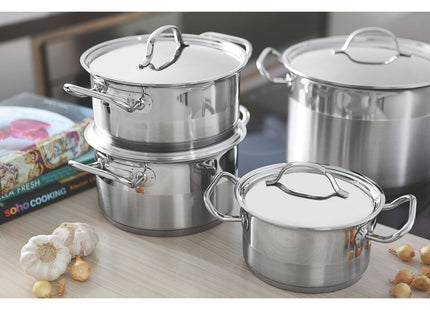 Cacerola Tramontina Professional rasa de acero inoxidable fondo triple con tapa plana detalle satinado 16 cm 1.4 L