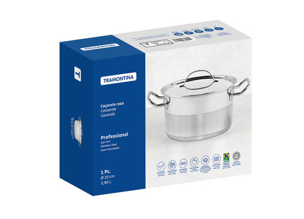 Cacerola Tramontina Professional rasa de acero inoxidable fondo triple con tapa plana detalle satinado 20 cm 2.9 L