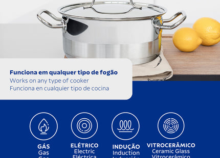 Cacerola Tramontina Professional rasa de acero inoxidable fondo triple con tapa plana detalle satinado 24 cm 4.7 L