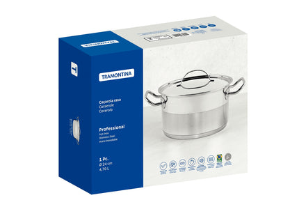 Cacerola Tramontina Professional rasa de acero inoxidable fondo triple con tapa plana detalle satinado 24 cm 4.7 L