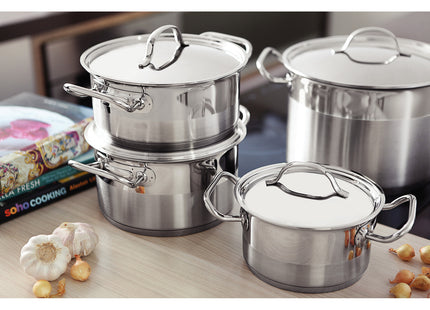 Olla Alta Tramontina Professional de acero inoxidable fondo triple con tapa plana detalle satinado 20 cm 4.6 L