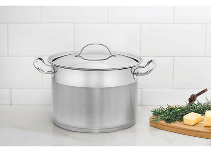 Olla Alta Tramontina Professional de acero inoxidable fondo triple con tapa plana detalle satinado 28 cm 11.9 L