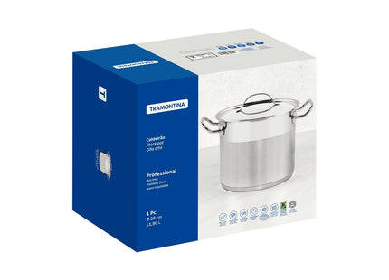 Olla Alta Tramontina Professional de acero inoxidable fondo triple con tapa plana detalle satinado 28 cm 11.9 L