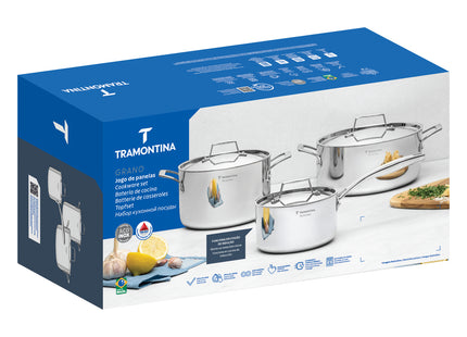 Batería Tramontina Grano de acero inoxidable con cuerpo triple 3 piezas