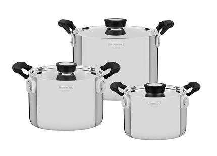 Batería de Cocina Tramontina Grano Compact en Acero Inoxidable con Cuerpo Triple y Asas en Baquelita Negro 3 piezas