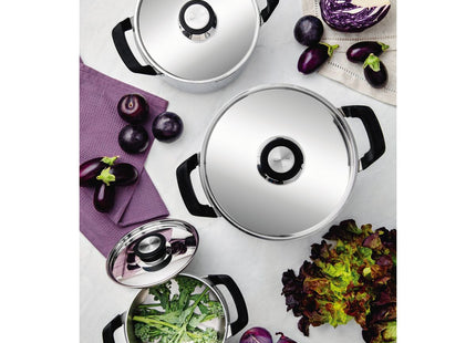 Batería de Cocina Tramontina Grano Compact en Acero Inoxidable con Cuerpo Triple y Asas en Baquelita Negro 3 piezas