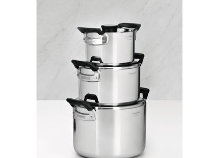 Batería de Cocina Tramontina Grano Compact en Acero Inoxidable con Cuerpo Triple y Asas en Baquelita Negro 3 piezas