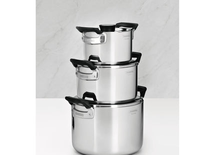 Batería de Cocina Tramontina Grano Compact en Acero Inoxidable con Cuerpo Triple y Asas en Baquelita Negro 3 piezas