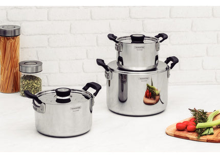 Batería de Cocina Tramontina Grano Compact en Acero Inoxidable con Cuerpo Triple y Asas en Baquelita Negro 3 piezas