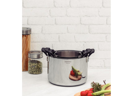 Batería de Cocina Tramontina Grano Compact en Acero Inoxidable con Cuerpo Triple y Asas en Baquelita Negro 3 piezas