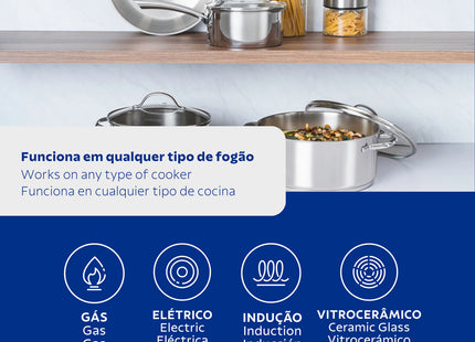 Batería de cocina Una de acero inoxidable con fondo triple y tapas de vidrio 4 piezas Tramontina