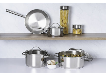 Batería de cocina Una de acero inoxidable con fondo triple y tapas de vidrio 4 piezas Tramontina