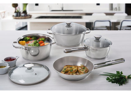 Batería de cocina Allegra de acero inoxidable con fondo triple de 4 piezas Tramontina