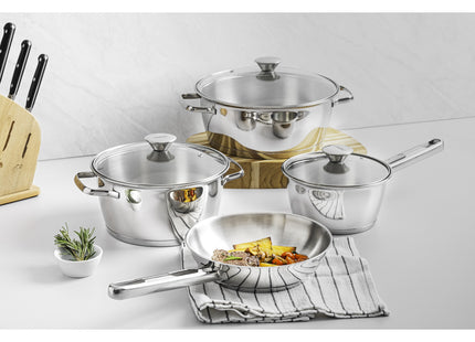 Batería de cocina Allegra de acero inoxidable con fondo triple de 4 piezas Tramontina