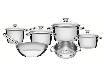 Batería de cocina Allegra de acero inoxidable con fondo triple de 6 piezas Tramontina