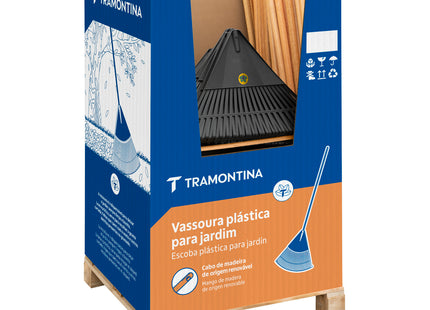 Escoba Plástica Negra Tramontina con 22 Dientes y Mango de Madera 120 cm Desarmado