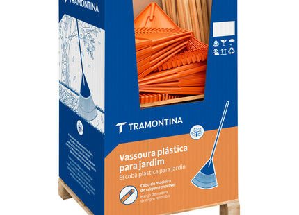 Escoba Plástica Anaranjada Tramontina con 26 Dientes y Mango de Madera 120 cm Desarmado