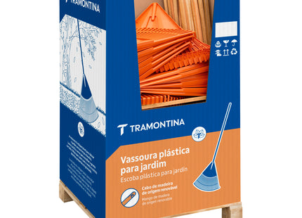 Escoba Plástica Anaranjada Tramontina con 26 Dientes y Mango de Madera 120 cm Desarmado
