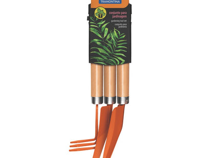 Kit para jardín 3 piezas, mangos de madera, embalaje plástico
