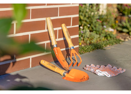 Kit para jardín 3 piezas, mangos de madera, embalaje plástico