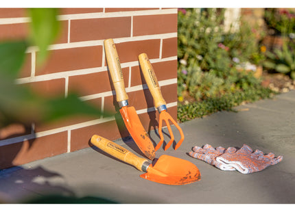 Kit para jardín 3 piezas, mangos de madera, embalaje plástico