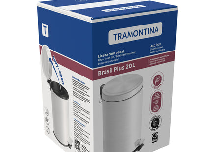 Basurero de acero inoxidable con pedal Tramontina con terminación satinado y balde interno removible de 20 l.