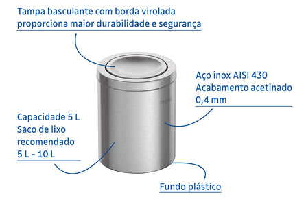 Basurero de acero inoxidable Tramontina con terminación Satinado, tapa de vaivén y 5 l de capacidad.